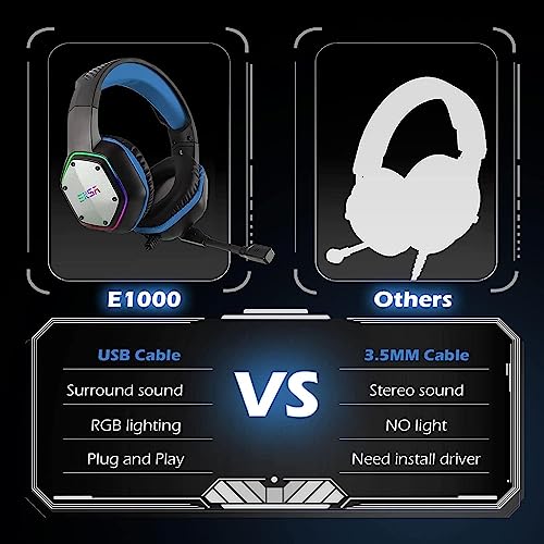EKSA E1000 Gaming Headset, Computer Headphones with Noise Canceling Mic & RGB Light, 7.1 Surround Sound, Compatible with PC, PS4 PS5 Console, Laptop (Blue) - color: Blue