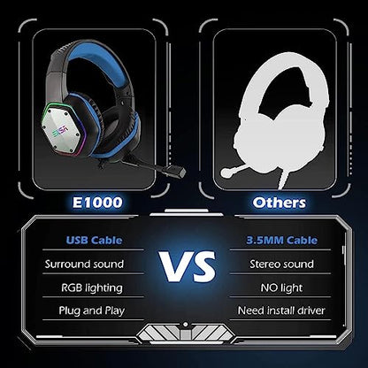 EKSA E1000 Gaming Headset, Computer Headphones with Noise Canceling Mic & RGB Light, 7.1 Surround Sound, Compatible with PC, PS4 PS5 Console, Laptop (Blue) - color: Blue