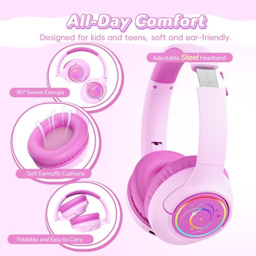 Kids Bluetooth Headphones, 85H Playtime for Toddler, Fuscia Pink with LED - color: Fuscia Pink