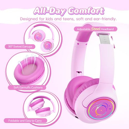 Kids Bluetooth Headphones, 85H Playtime for Toddler, Fuscia Pink with LED - color: Fuscia Pink