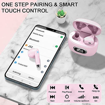 Wireless Earbuds, Bluetooth Headphones, Stereo Bass Ear Buds with ENC Noise Cancelling Mics,42H Bluetooth Earbuds with LED Display Charging Case, IP7 Waterproof Earphones for Android iOS/Light pink - color: Light pink