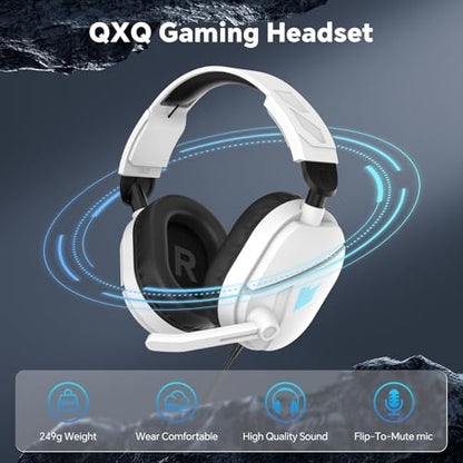 QXQ Wired Gaming Headset for PS5/PS4/PC/Switch, 3.5mm Over-Ear Headphones with Noise-Canceling Mic, RGB LED Light, Deep Bass Stereo Surround Sound, Soft Memory Foam Earpads, All-Day Comfort, White RGB - color: White