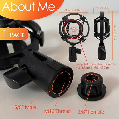 Microphone Shock Mount 1 PACK, Mic Holder Clip for 43-48mm/1.69~1.9in Diameter Condenser Microphone, 3/8 or M16 Internal Thread, with 5/8" Male to 3/8" Female Screw Adapter, Easy to Use (Black)