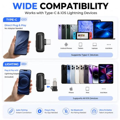 Wireless Lavalier Microphone for iPhone Android, Magnetic Lapel Mic with Noise Reduction, Clip On Mic USB C Lightning Receiver for Video, Vlogging, TikTok, YouTube, Charging Case