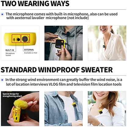 LENSGO 348C 2.4Ghz Wireless Lavalier Microphone 32GB TF Card Slot Compact Lav Mic 1 Transmitter and 1 Receiver Wireless Lapel Microphone for iPhone Smartphone Camera Vlog YouTube Interview Streaming Y - color: Yellow-1s
