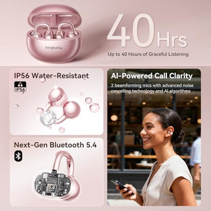 Kinglucky Clip-On Open Ear Earbuds with Detachable Diamond Earrings, Bluetooth 5.4 Open Ear Wireless Headphones for Women, 40H Playtime, Comfortable Small-Ear Fit, Rose Gold - color: Pink