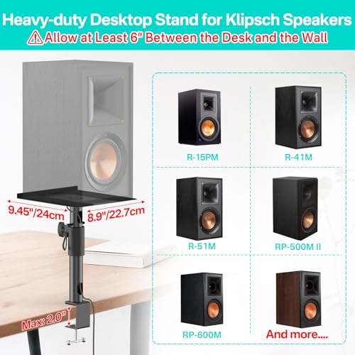 Clamp-on Desktop Speaker Stands Pair for Klipsch Bookshelf Speaker Stand - Height Adjustable Speaker Stand Desk for Klipsch R-50M, R-51M, R-41M, R-15PM and More Speakers Desk Stand Wr Cable Management