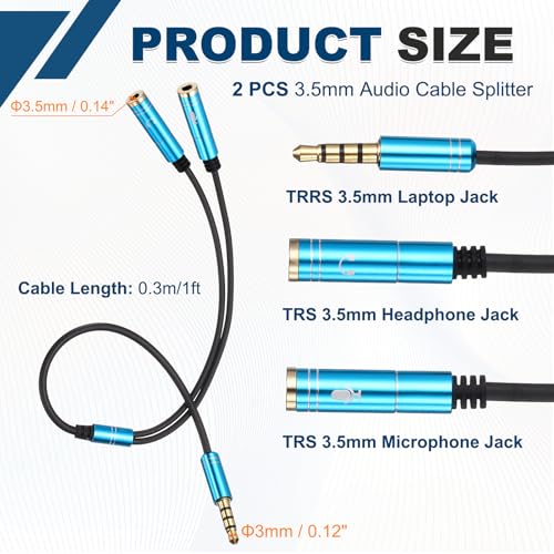 MECCANIXITY Audio Cable Splitter, 3.5mm Male to Dual 3.5mm Female Y Splitter Microphone and Audio Jack Adapter for PC Laptop Smartphone, 1ft, Blue - color: Blue