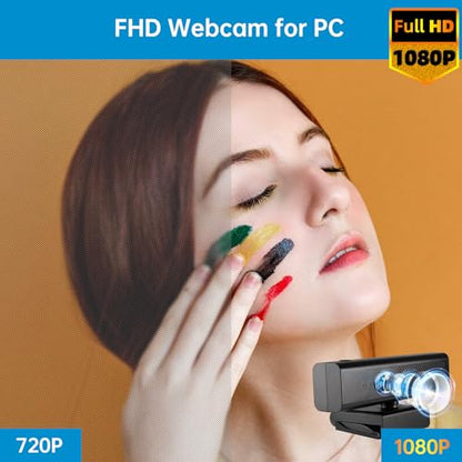 Full 1080P HD 3-in-1 Webcam: Camera and Speaker for Desktop Computer with Built-in 4 Microphones, External USB Web Cam with Magnetic Privacy Cover and Mute for Laptop, Streaming, Conference
