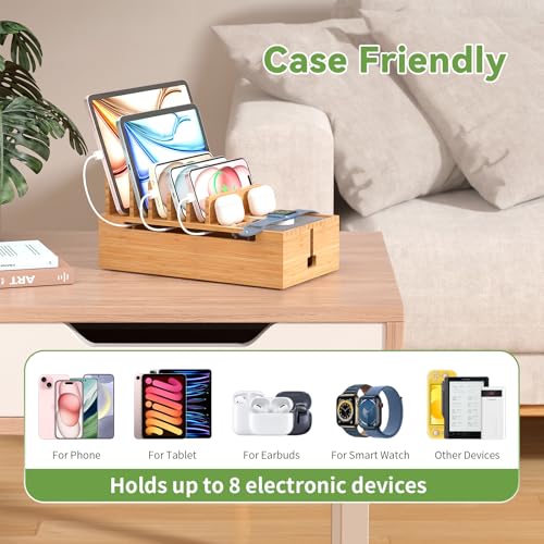 Pezin & Hulin Bamboo Charging Stand Rack, No Power Adapter Supply -Natural | Wooden Charge Box for Mobile Phones, Tablets, Smart Watch and Earbuds, Wire Cable Organizer Box, Bedside Dock Stand Holder - color: Natural (No Charger)