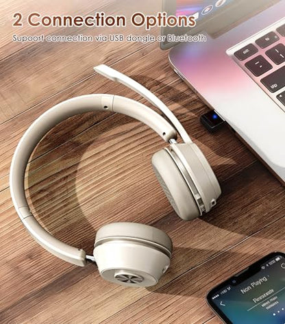 Soothielec Wireless Headset, Bluetooth Headset with Noise Cancelling Microphone, Best Headphones with Mic Mute & USB Dongle for PC/Computer/Laptop/Cell Phones/Remote Work/Call Center (Beige)