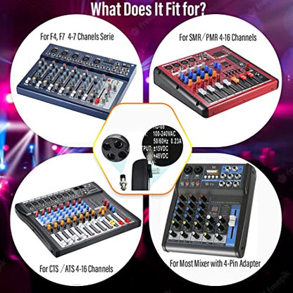 4-Pin Power Supply Adapter for F4/F7/CT4-16 Audio Mixers | for 4/6/8/12/16 Channels Professional Sound Mixing Console with 15VDC for 4-Hole Connector for Home Karaoke and PA System