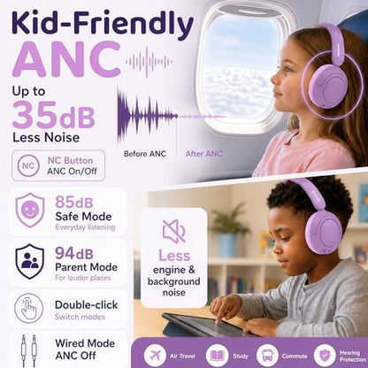 MIDOLA Kids Bluetooth Headphones Wireless,ANC,68H,Safe Volume Limit 85/94dB | Active Noise Cancelling,Adjustable Headband Foldable Over-Ear for Toddler Girls Boys Tablet/iPad,HD Stereo,Built Mic,Purple - color: Lavender Purple