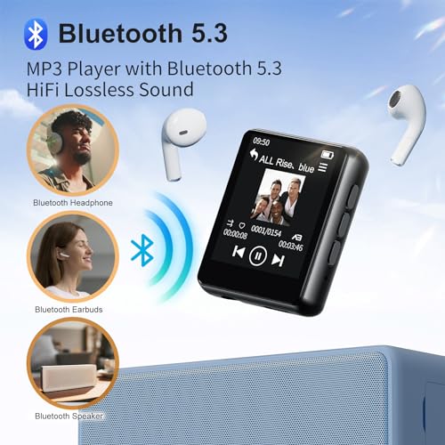 64GB MP3 Player with Bluetooth, Full Touch Screen Portable Music MP3 Player Built-in HD Speaker, FM Radio, Voice Recorder, Mini Design Sports Music Player Support Expansion (128GB)