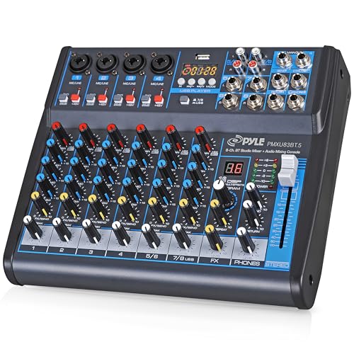 Pyle 8 Channel Bluetooth Studio Mixer - USB Computer Recording, Built-In MP3 Player, 48V Phantom Power, 16-Bit DSP FX, 3-Band EQ, XLR Combo Inputs, DJ Sound Board - PMXU83BT.5 - size: 8