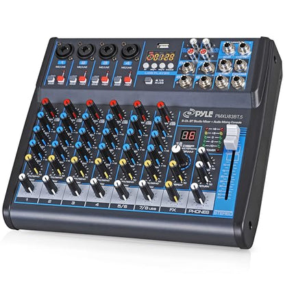 Pyle 8 Channel Bluetooth Studio Mixer - USB Computer Recording, Built-In MP3 Player, 48V Phantom Power, 16-Bit DSP FX, 3-Band EQ, XLR Combo Inputs, DJ Sound Board - PMXU83BT.5 - size: 8
