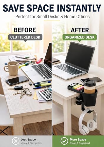 MAX SMART Desk Organizer with Cup & Headphone Holder, Clamp-On | More Desk Space | Essentials Within Reach | Reduced Workspace Clutter | Home Office Ready