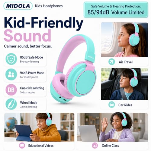 Kids Bluetooth Headphones Wireless 68 Hours,Safe Volume Limit 85/94dB | Adjustable Headband Foldable Over-Ear Lightweight Headsets for Toddler Girls Boys Tablet/iPad,HD Stereo,Built-in Mic,Cyan - color: Cyan