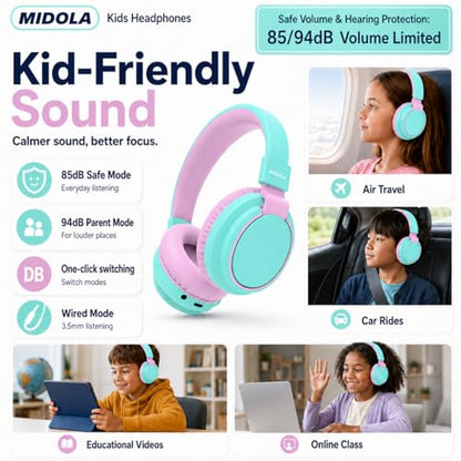 Kids Bluetooth Headphones Wireless 68 Hours,Safe Volume Limit 85/94dB | Adjustable Headband Foldable Over-Ear Lightweight Headsets for Toddler Girls Boys Tablet/iPad,HD Stereo,Built-in Mic,Cyan - color: Cyan
