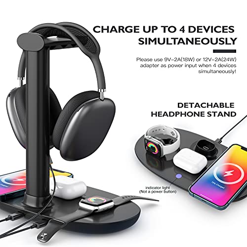 Headphone Stand with 15w Wireless Charger, Suguder 4 in 1 Charging Station Headset Holder for AirPods Max/Pro/4/3/2 iWatch 10/9/8/7/6/5/4/3/2/1/SE iPhone 17/16/15/14/13/12/11/X for Desktop Table Game - color: Black