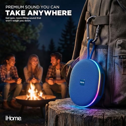 iHome Venture Wireless Portable Bluetooth Speaker with RGB Lights | Water Resistant, Built-in Carry Strap, TWS Pairing, Color-Changing LEDs, Rechargeable Battery, Cable Included, Bluetooth 5.3 - color: Blue