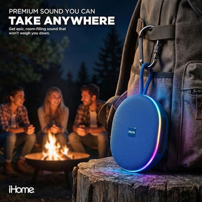 iHome Venture Wireless Portable Bluetooth Speaker with RGB Lights | Water Resistant, Built-in Carry Strap, TWS Pairing, Color-Changing LEDs, Rechargeable Battery, Cable Included, Bluetooth 5.3 - color: Blue