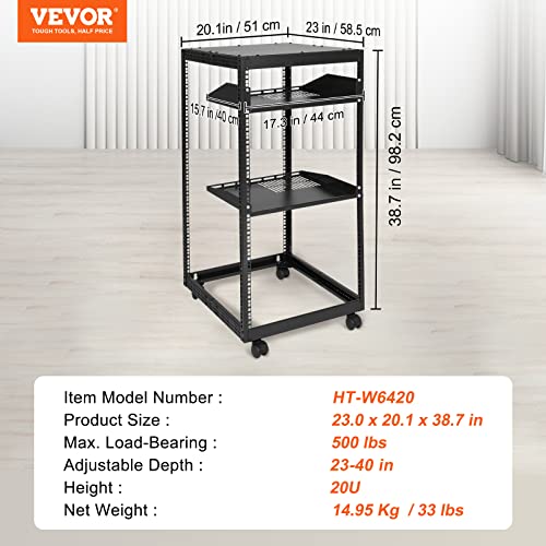 VEVOR 20U Open Frame Server Rack, 23''-40'' Adjustable Depth, Free Standing or Wall Mount Network Server Rack, 4 Post AV Rack with Casters, Holds All Your Networking IT Equipment AV Gear Router Modem - size: 20U