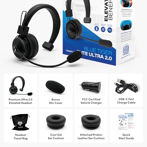 Blue Tiger Elite Ultra 2.0 Wireless Bluetooth Headset – One-Ear Piece Trucker Professional Headset - Bluetooth 5.2 with Microphone – 60 Hours Talk Time, 1200 Hours Standby