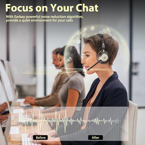 Earbay 5.3 Bluetooth Headset, Wireless Headset with Noise Canceling Mic & USB Dongle, 50Hrs Wireless Headphones with Mic Mute & Charge Dock, for Calls, Perfect for PC, Laptop, Phone, Teams and Zoom