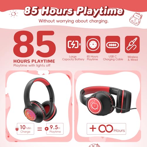 Kids Bluetooth Headphones, 85H Playtime for Toddler Boys, Black with LED - color: Black