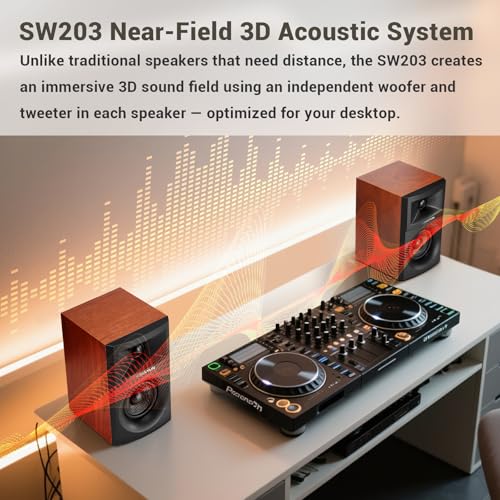 Sanyun SW203 3" 2.0 Computer Speakers, Expanded Stereo Field, Triple-DSP | Built-in 24bit DAC, USB-C/Bluetooth 5.4/AUX, 60W Carbon Fiber Woofer & Silk Dome Tweeter, for Desktop PC Gaming (Pair, Red) - color: Red