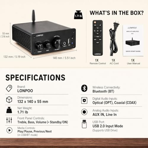 LONPOO 200W Bluetooth Audio Amplifier with DAC for Bookshelf Speaker HiFi | TPA3116 Chip, 2.0 Channel, Optical Coaxial USB RCA Aux Input, Plug and Play, Low Distortion, Black - color: all black