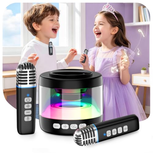 Mini Karaoke Machine for Kids with 2 Wireless Lapel Microphones | Portable Bluetooth Karaoke Speaker, Magnetic Phone Stand, Lyrics Display, Birthday for Girls Boys - color: Black