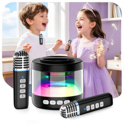 Mini Karaoke Machine for Kids with 2 Wireless Lapel Microphones | Portable Bluetooth Karaoke Speaker, Magnetic Phone Stand, Lyrics Display, Birthday for Girls Boys - color: Black