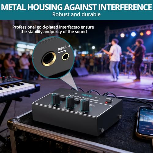 Mini Audio Mixer, 2 Channel Stereo Line Mixer 1/4" & 1/8" TSR Audio Output Input Jack, Line Mixer Stereo/Mono Independent Control and Switch for Guitars,Bass,Keyboards, Dynamic Microphone - size: Small(2-channel)