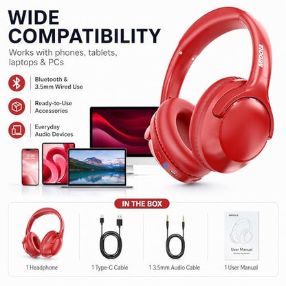 Bluetooth Headphones Wireless 68H with Mic,Decent Sound-Acceptable Red | Adjustable Headband Foldable Over-Ear Lightweight for Office/Travel/Tablet/iPad/Laptop,HD Stereo Sound,Aux 3.5mm - color: Red