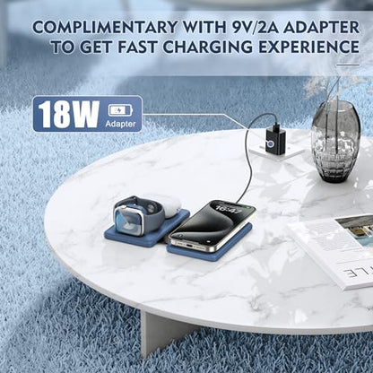 Wireless Charger iPhone - 3 in 1 Charging Station for Apple Devices for iPhone 17 16 15 14 13 12 Pro Max Plus - Foldable Magnetic Charging Pad for Apple Watch Series & Airpods Series - color: Blue