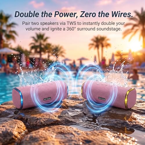 IPX7 Waterproof Bluetooth Shower Speaker | 30W RMS (40W Peak) Floating Pool Speaker, RGB Sync Lights, Built-in Mic for Hands-Free Calls, Pink - color: Pink