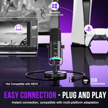 Dynamic Microphone, USB-C/XLR Podcast Recording PC Microphone for Podcast Recording Streaming Gaming with RGB Light, Mute Button, Desktop Stand, Headphones Jack, Vocal Mic for Singing Tiktok YouTube