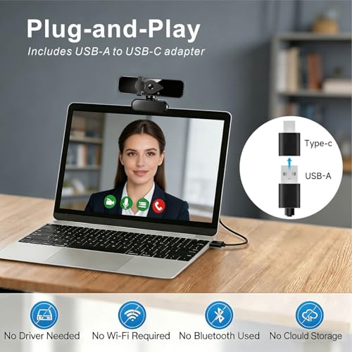 4K Webcam with USB C Adapter and Privacy Cover – Built-in Microphone, Plug & Play for PC/Mac/Laptop/Desktop