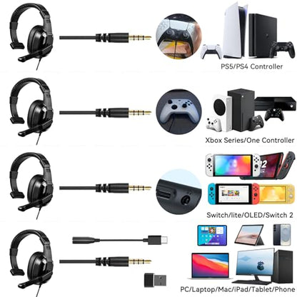 One Ear Gaming Headset with Mic (3.5mm) - Single Ear Headphone with To-shiba Speaker, Protein Earpads Braided Cable for PS5/PS4/Xbox/Switch/PC/iPad/Tablet/Remote Work/Office- with USB-C/USB-A Adapter - color: Black