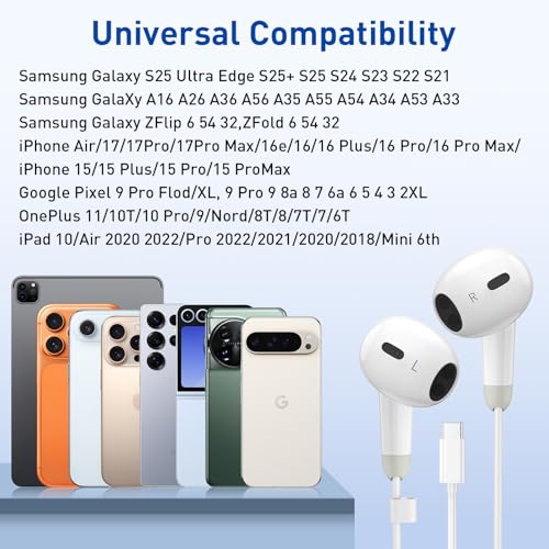 USB C Headphones, 2 Pack Wired Earbuds, Type C Headphones with Microphone | Noise-isolating earphones with remote controls, compatible with iPhone 17/16/15, iPad Pro/Air and Galaxy S25/S24/S23 Ultra