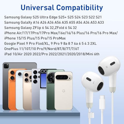 USB C Headphones, 2 Pack Wired Earbuds, Type C Headphones with Microphone | Noise-isolating earphones with remote controls, compatible with iPhone 17/16/15, iPad Pro/Air and Galaxy S25/S24/S23 Ultra