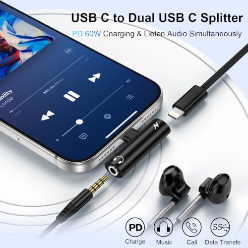 [Apple MFi Certified] Lightning to 3.5mm Headphone Adapter and Charger | 2-in-1 Lightning to Aux Jack Adapter & Fast Charger iPhone Dongle Audio Splitter for iPhone 14 13 12 11 Pro XR XS Max X 8 7 6 - color: Black