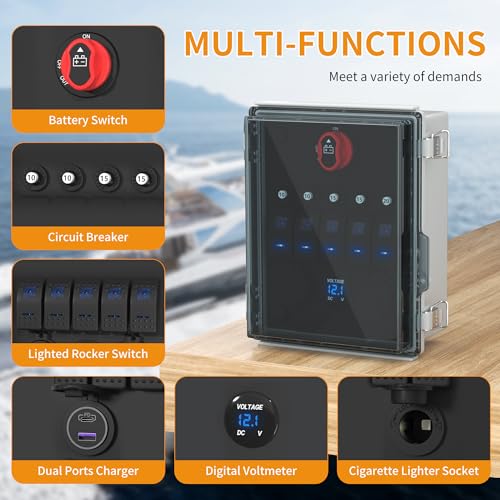 Joinfworld 12V Rocker Switch Box, 5 Gang Toggle Switch Panel | Waterproof, LED Lighted with Breaker, USB & PD Type C Charger, LED Voltmeter, For Marine Boat Automotive Car