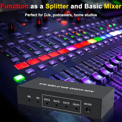 2 in 4 out 3.5mm Aux Audio Splitter Stereo Line Level Distributor Mixer with Independent Volume Control