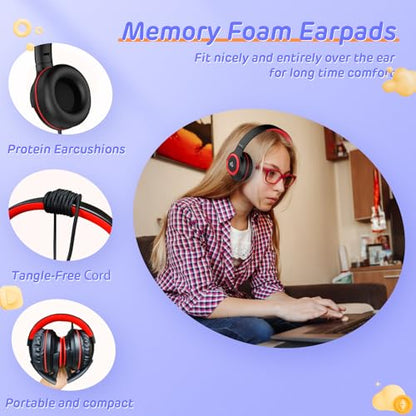 Kids Headphones Wired with Volume Limiter, Over Ear Safe Sound Headset with HD Mic, 85/94dB Volume Limiter, 3.5mm & USB C Headphones for School, Travel, iPad, Laptop, Back to School Supplies - color: Red