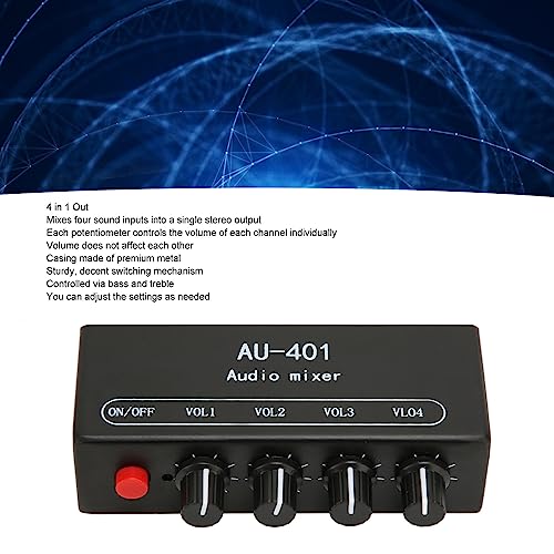 4 Channel Audio Mixer, Stereo Amplifier with Headphone Output, Audio Mixer for PC Laptop Desktop, Black