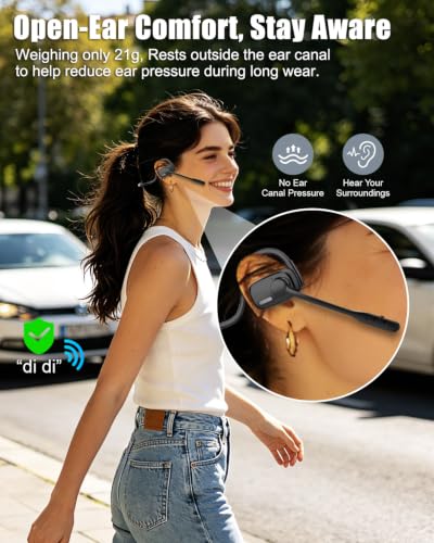 Wireless Headset with ENC Noise Cancelling Mic, Bluetooth V5.4 Headphones | Open Ear Headphones with Mute Button, 12H Playtime, 15.4mm Drivers for Work/Office/Running/Cycling (Black) - color: Black