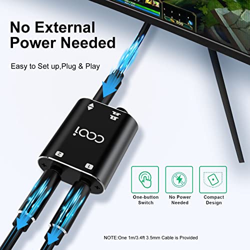 3.5mm Stereo Audio Switcher (1 in 2 Out/2 in 1 Out) | with 3.5mm Audio Cable, 2 Ports AUX Audio Speaker Selector, for PC Phone Laptop Headphone